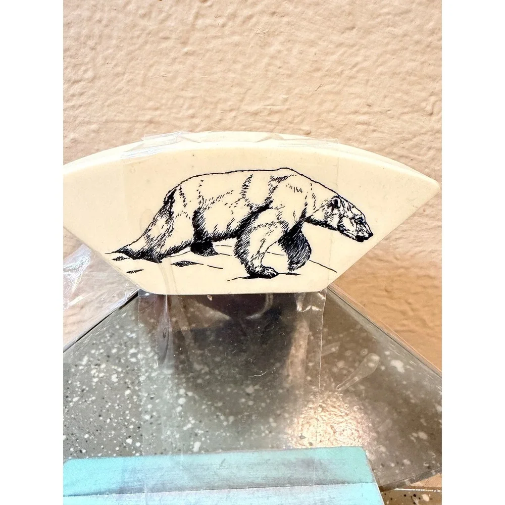 Polar Bear Scrimshaw Style Ulu Knife with Teal Wooden Display Stand Arctic Decor
